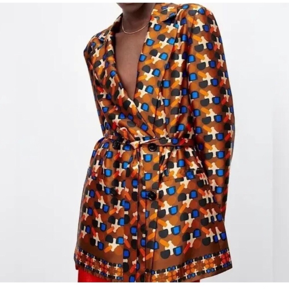 ZARA NWT Geometric Print Satin Blazer Women’s XL - Picture 3 of 15